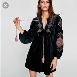 Zara green velvet embroidered dress